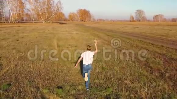 孩子跑过田野举着飞机模拟飞行秋天晴朗的一天户外娱乐视频的预览图