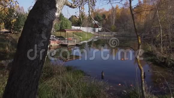 美丽的池塘周围的房子秋天的气氛视频的预览图