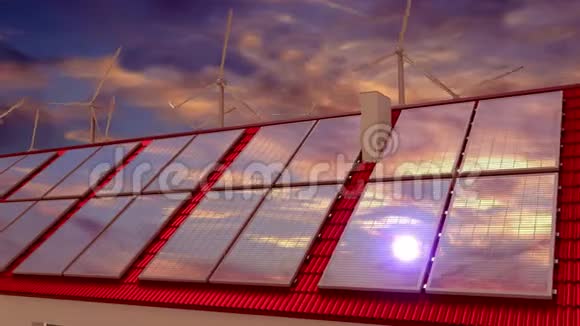 太阳能电池板安装在屋顶日落天空3D4k动画视频的预览图