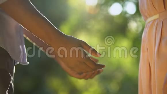 亲密的混血情侣在公园牵手浪漫的关系视频的预览图