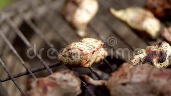 触摸烤架上的肉片视频的预览图