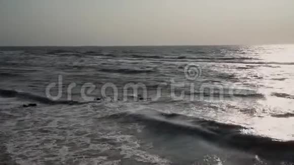 平坦的地平线灰色的大海单调的天空海浪海鸥石头视频的预览图
