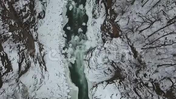 雪林中快速山河的俯视图视频的预览图
