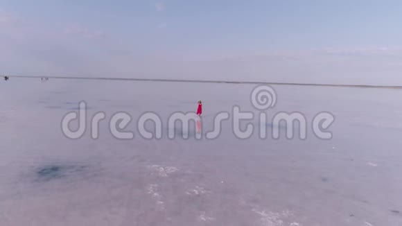 穿着红色飞裙的年轻女子正走在粉红色的盐湖上空中景色视频的预览图