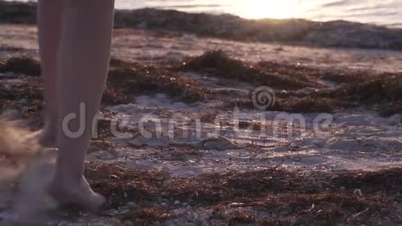 靠近在海滩上行走的女性腿动作缓慢视频的预览图