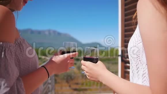 两位年轻女子在阳台上喝着红酒欣赏着山和森林的景色视频的预览图