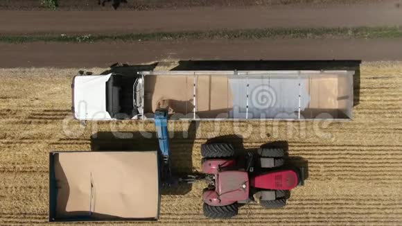 拖拉机将收获的小麦倒入卡车拖车上的俯视图视频的预览图