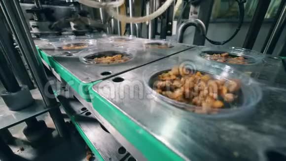 食品厂的包装工艺工业机构重新定位并用面包屑覆盖盒子视频的预览图