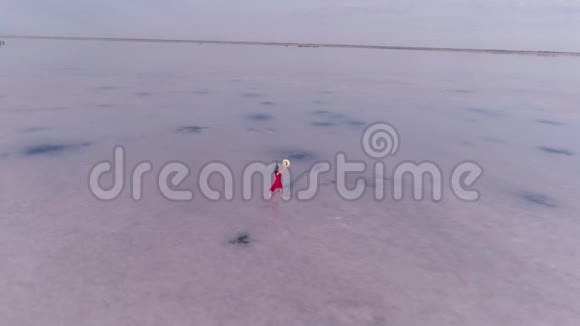 穿着红色裙子的女旅行者走在粉红色的湖上空中景色视频的预览图