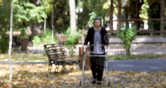 秋公园的老年妇女与步行者同行视频的预览图