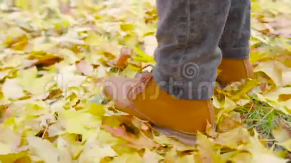 一个穿皮鞋的年轻人站在落叶中视频的预览图