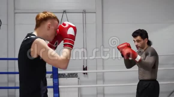 两名拳击手在拳击俱乐部的拳击场上互相训练视频的预览图