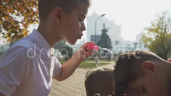 小男孩在秋天公园吹肥皂泡男孩在户外和朋友玩男孩头上冒出一个肥皂泡视频的预览图