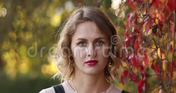 美丽的年轻女子中长的长发和红色的嘴唇在秋天公园视频的预览图