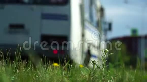 车公交车乘车上路背景模糊特写镜头聚焦在前景的草地上视频的预览图