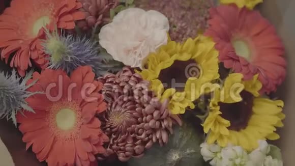 格贝拉装饰向日葵星宿在一个美丽的花束包装在工艺纸视频的预览图