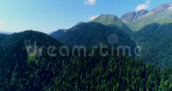岩质高加索山脉上的群山覆盖着茂密的松林用Ritsa遗迹的无人机拍摄视频的预览图