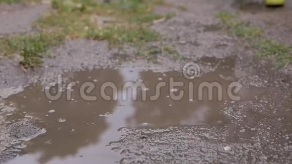 一个穿着橡胶靴的小孩在雨后的脏水坑里跳视频的预览图