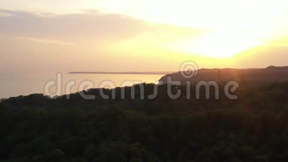 美丽宁静的日落海景森林山脉和金色海水视频的预览图