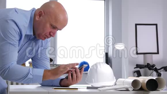 建筑办公室的工程师微笑着用智能手机阅读好消息视频的预览图