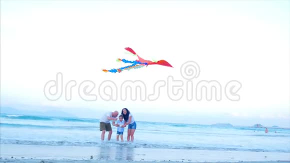 幸福的家庭带着孩子放风筝爸爸妈妈和女儿在大海的背景下玩着大风筝视频的预览图