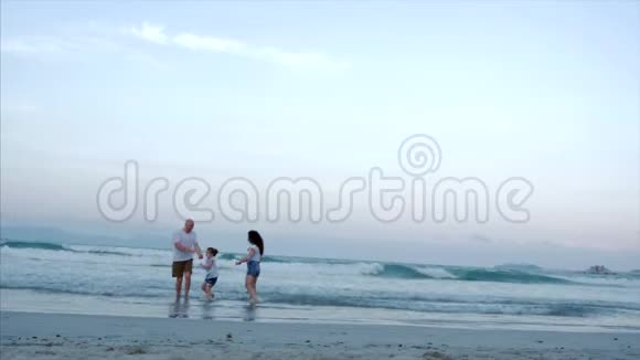 幸福的家庭带着孩子放风筝爸爸妈妈和女儿在大海的背景下玩着大风筝视频的预览图
