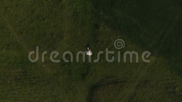 躺在绿草上休息的新婚夫妇的俯视图视频的预览图