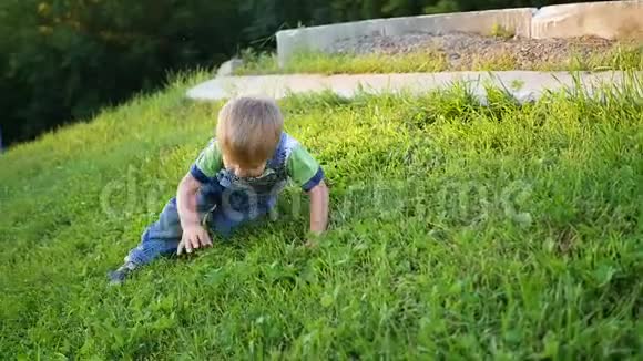 有趣的宝宝在草地上玩从斜坡上滚下来户外乐趣视频的预览图