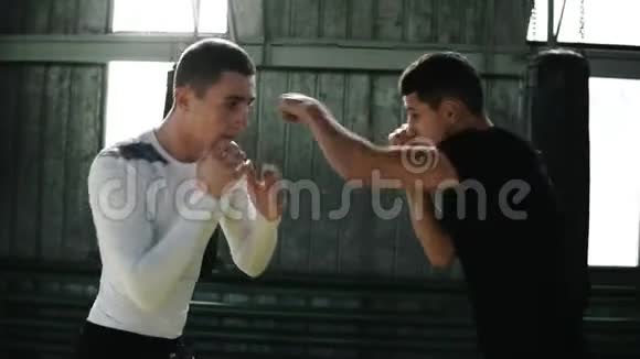 两个拳击手熟练地出拳远离打击保护面部传统拳击训练视频的预览图