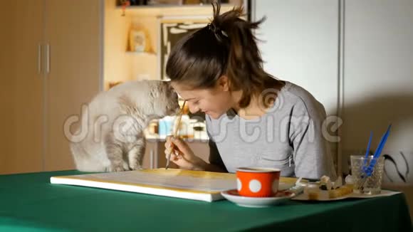 艺术家试图在家里画一幅画但她的灰猫阻止了她这样做家养宠物的滑稽动作视频的预览图