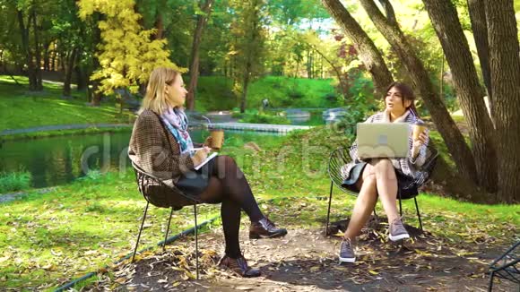 秋天公园有漂亮的商业女性在用笔记本电脑工作视频的预览图