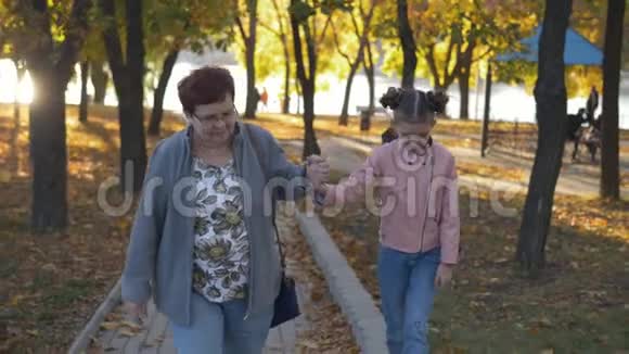 祖母和孙女在公园里散步视频的预览图