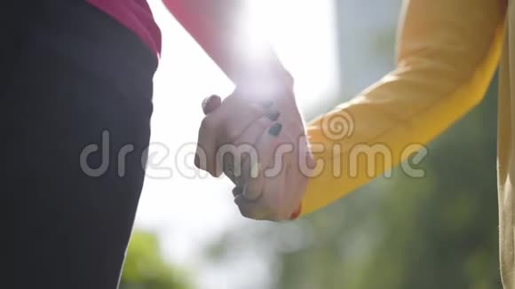 可爱的幸福的一对相爱的夫妇在公园里轻轻地牵着对方的手在春天美好的一天特写镜头视频的预览图