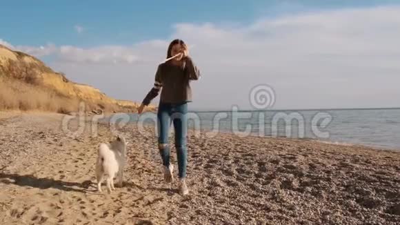 小女孩玩棍子与她惊人的白色石巴鱼宠物在海边慢动作视频的预览图