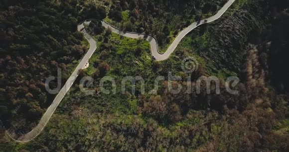 无人机飞过令人惊叹的山路蜿蜒宁静的森林树木和蛇形巷道的高空俯视图4K视频的预览图