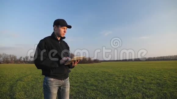 农民带着便携式平板电脑在麦田里视频的预览图