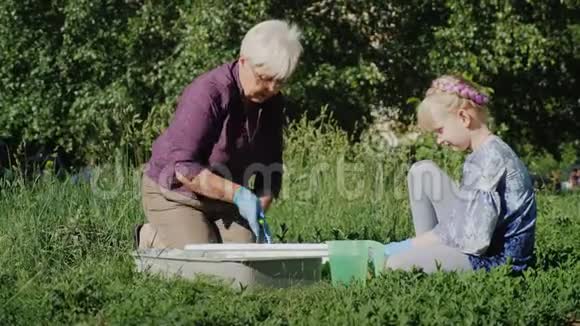 祖母带着孙女在锅里种花积极的老年人观念视频的预览图