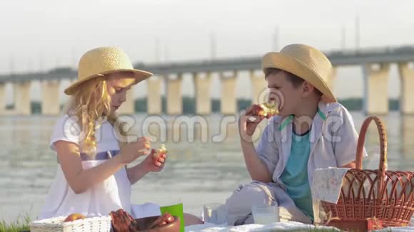 野餐的小朋友饥饿的男孩和女孩在河边的大自然野餐时吃甜面包和喝牛奶视频的预览图