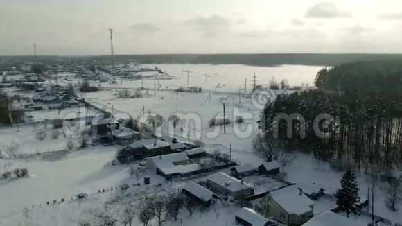 鸟瞰冬季景观乡村有雪林田飞森林覆盖着霜雪的树木空中视频的预览图