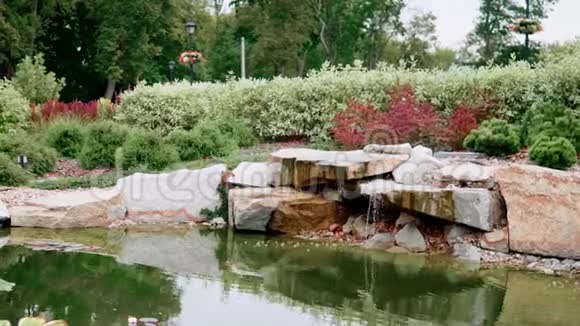 夏季景观设计人工瀑布有池塘植物和花卉视频的预览图