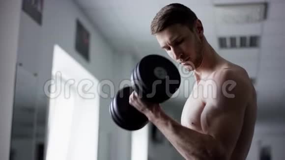 在健身房用裸身哑铃进行强壮的健美锻炼视频的预览图