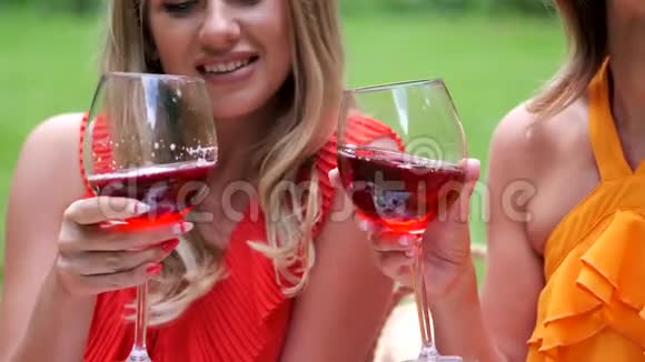 在公园和朋友一起喝红酒的女孩特写镜头视频的预览图