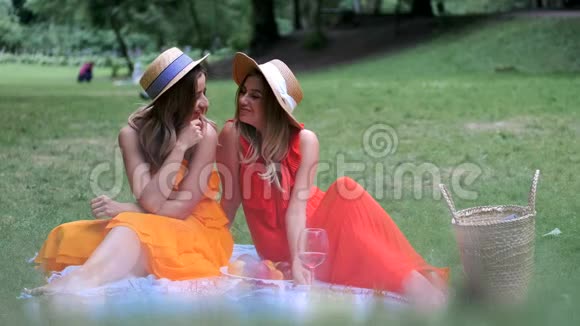 穿着裙子的姐妹们互相看着对方在公园野餐视频的预览图