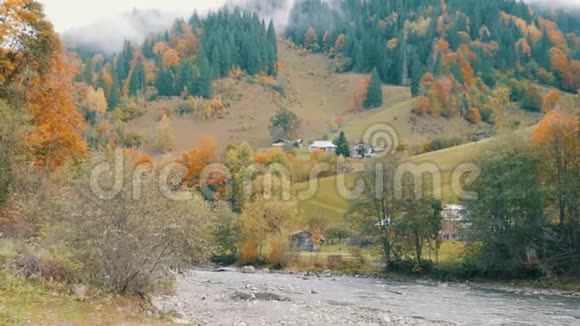 快冰冷的山溪在喀尔巴阡山脉的岩石海岸背景下初秋的雾视频的预览图