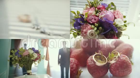 婚礼概念一个男人走过去拿新娘的花束金戒指视频的预览图