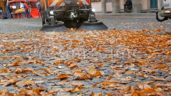 清洗机刷除秋街黄色落叶秋天清理树叶沥青机视频的预览图