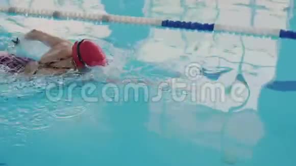 专业游泳运动员在游泳池里训练她游得像爬行熟练地用手划水身体视频的预览图