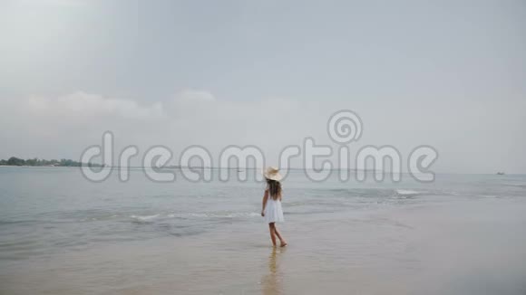 令人惊叹的背景拍摄快乐的小女孩68岁在海洋海滩上随波逐流戴着大草帽视频的预览图