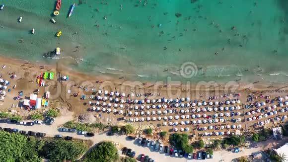 用雨伞鸟瞰珊瑚湾海滩让人在透明的海水中畅游塞浦路斯帕福斯区Pegeia视频的预览图