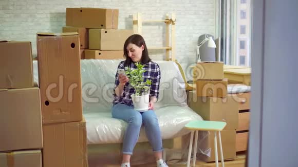 幸福的女人在现代公寓里搬家后用电话坐在沙发上视频的预览图